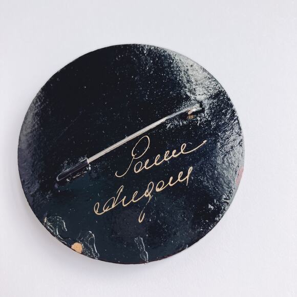 VTG Russian Hand Painted Lacquer Floral Brooch Signed Cyrillic 70s 80s Pin - Picture 7 of 11